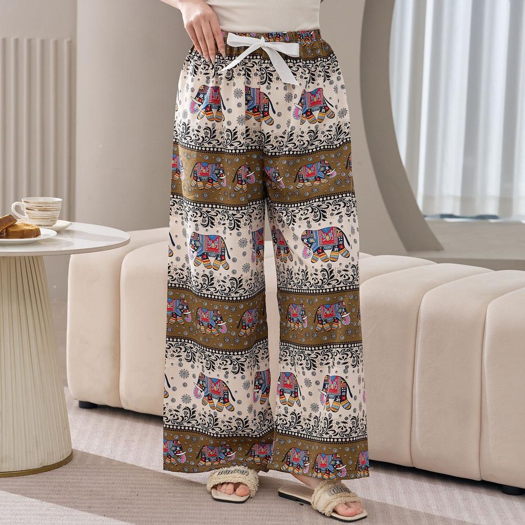 Cotton Silk Family Spring and Autumn Women's Cotton Silk Pajama Pants Wide-leg Pants Thin Artificial Cotton Can Be Worn Outside Casual Home Pants