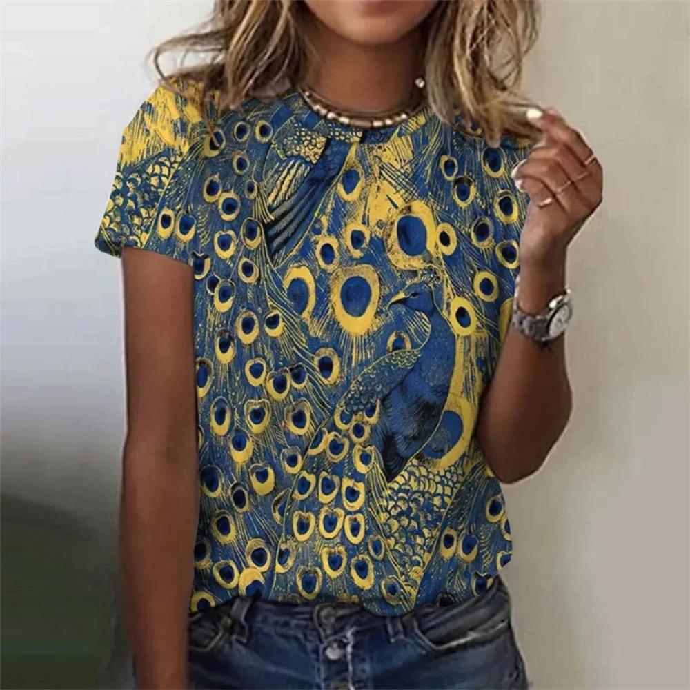 3D Peacock Feather Printed T-shirt for Women, Fashionable and Fun XS