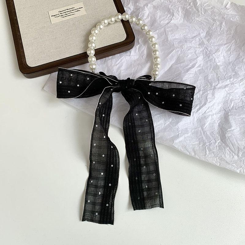 New pearl necklace floral long headband small silk scarf women's spring and summer thin collarbone chain streamer bag decorative scarf