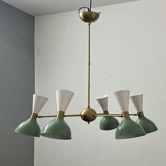 Lampă de tavan din alamă, cu 6 brațe, 12 lumini, în stil Stilnovo, realizată manual, candelabru modern din alamă Sputnik