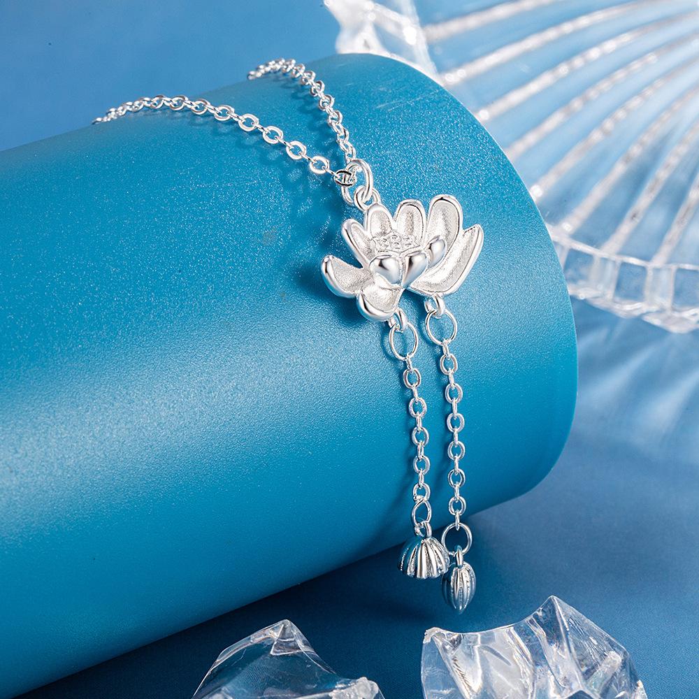925 Sterling Silber Temperament Mode Quaste Lotus Anhänger Halskette Geburtstagsgeschenk