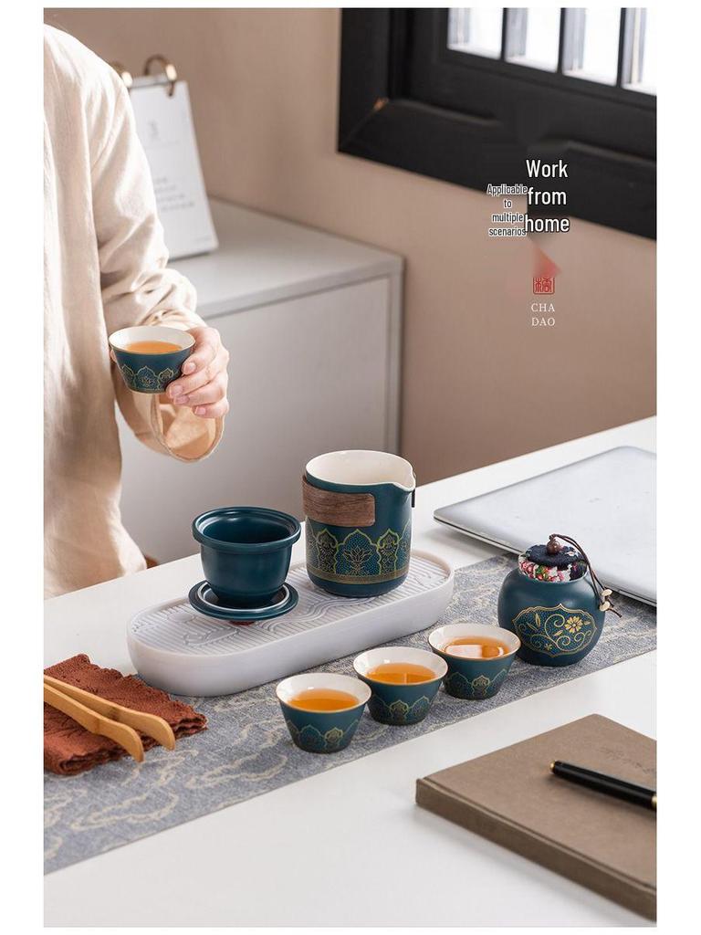 Ancient Charm Ceramic Travel Tea Set: Quick-Brew Pot with Three Cups for Outdoor Use - Customizable Logo Gift