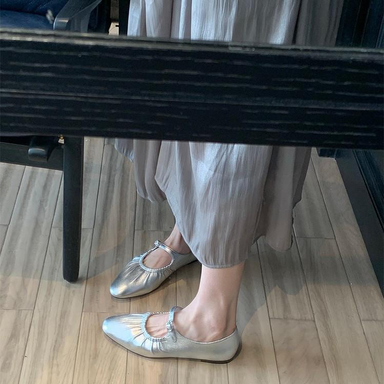 Cowhide version~ leather pleated silver light mouth single shoes women's flat 2025 new spring French Mary Jane women's shoes