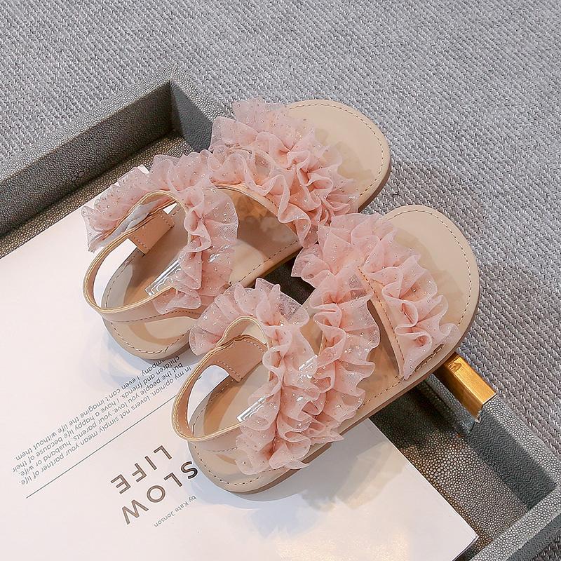 

Пляжная обувь для девочек, с открытым носком, дышащие детские сандалии, милые плиссированные кружева, лето 2025, новая коллекция, детские туфли принцессы, элегантные, милые 27 розовый