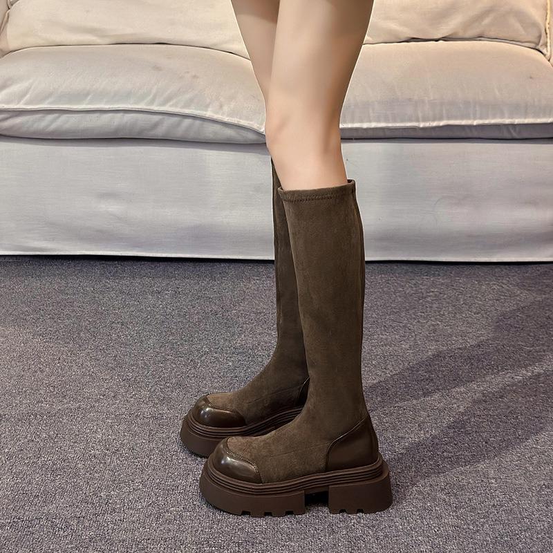 Thick-soled boots women's spring and autumn boots women's knee-length small black boots elastic thin tall knight boots