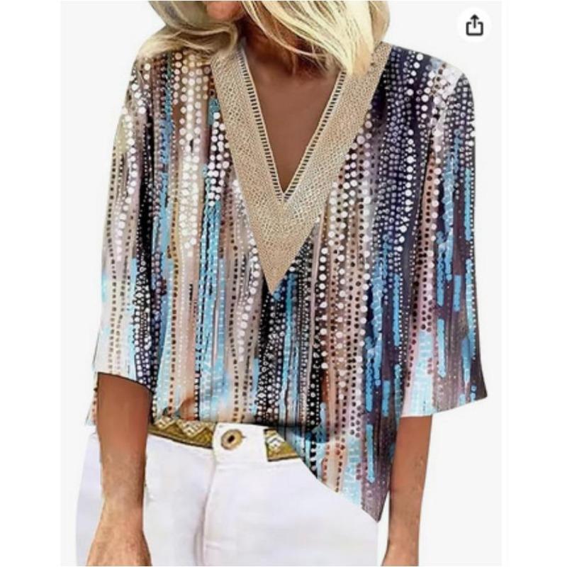 

Summer Women s V-Neck Lace Edge Printed Loose Shirt Top Comfortable and Breathable, Machine Washable S