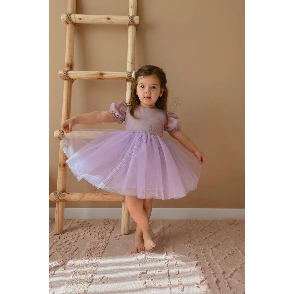 Rosa kurze Ballon-Stoffärmel, detailliertes Tutu-Tutu-Kleid für Babymädchen