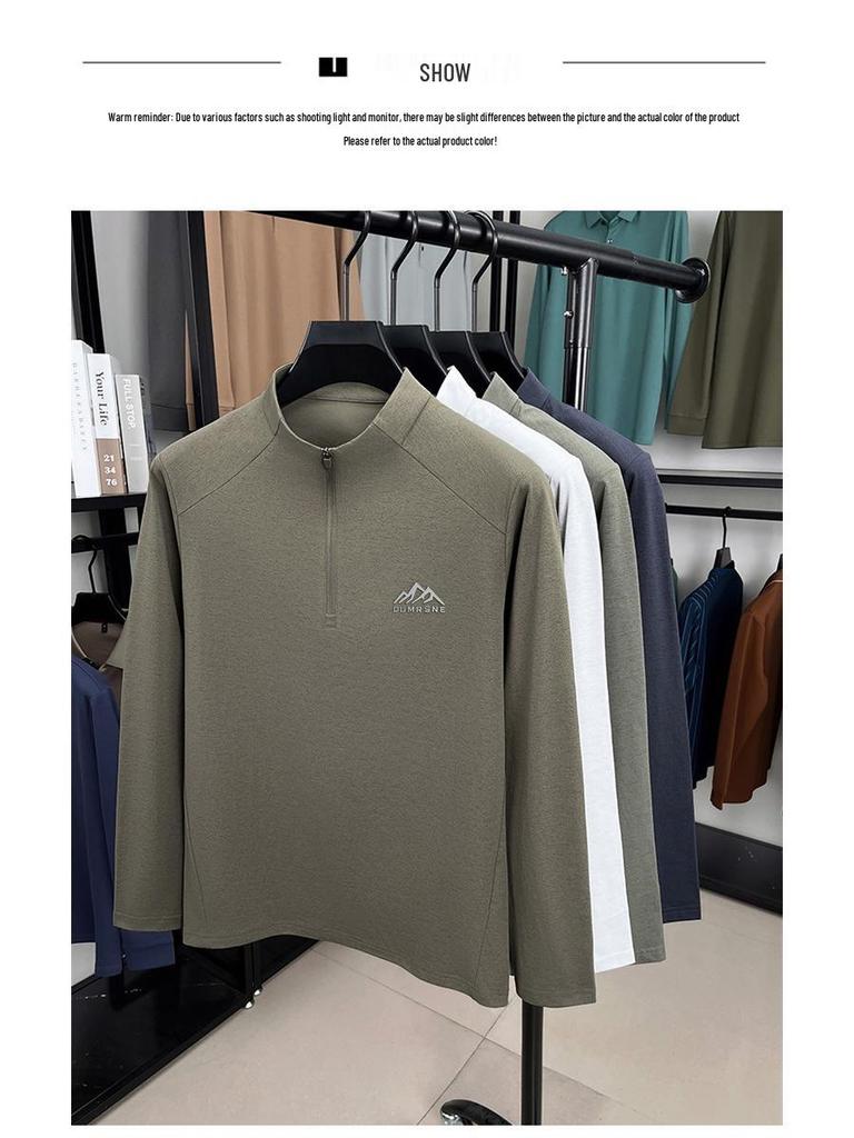 Men's 2025 Solid Color Stand Collar Zipper T-Shirt - Long Sleeve Casual Autumn Pullover