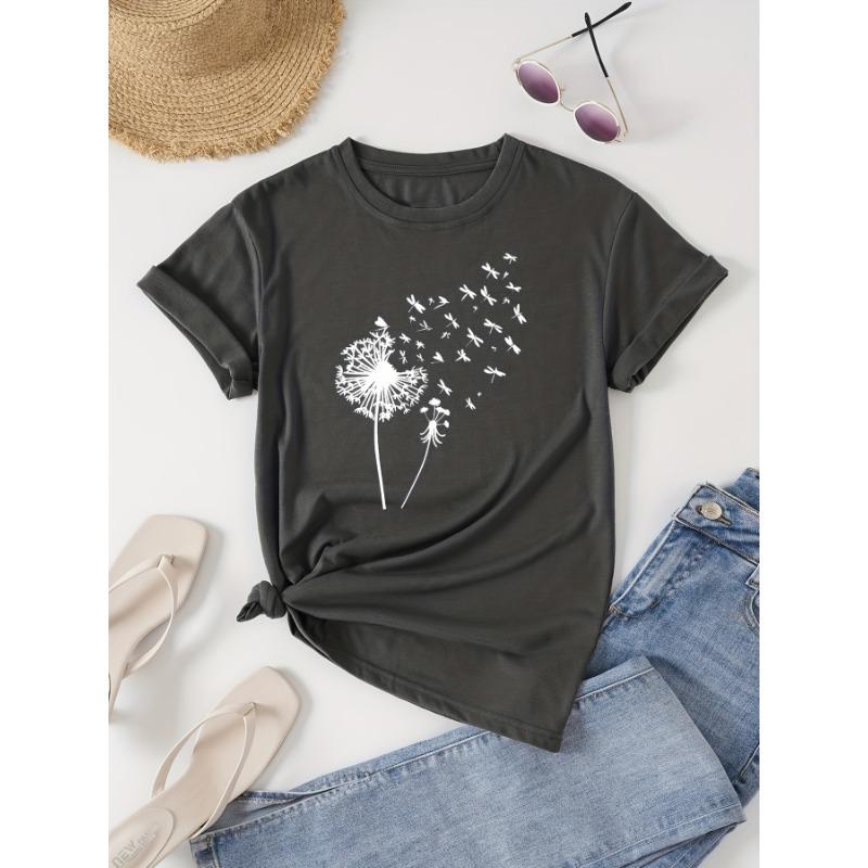 Dandelion scattering printed T-shirt for women, casual T-shirt with 3D printing, youthful and fashionable style S