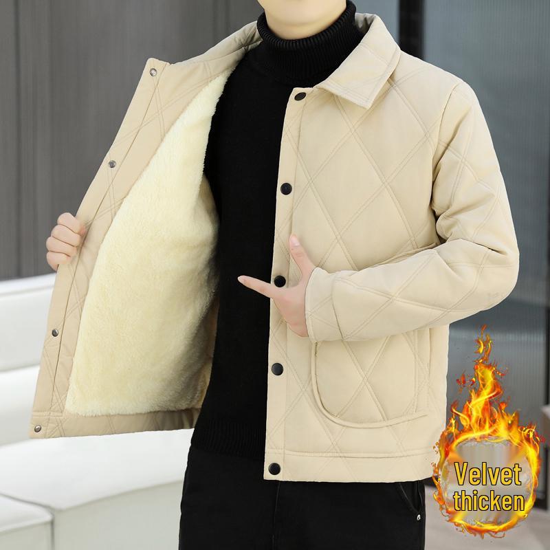Men's Trendy Lapel Cotton Jacket: Thickened, Warm, Velvet-Padded Outerwear for Autumn and Winter.