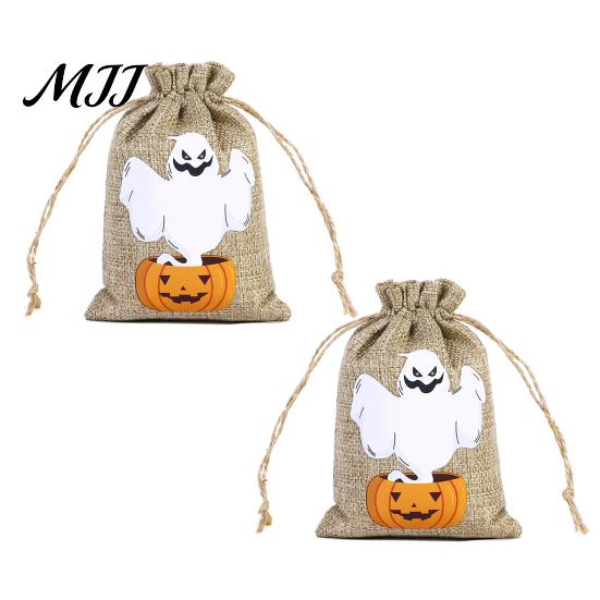 Pumpkin Theme Party Supplies 2PCS Halloween Drawstring Treat Bags, Cartoon Faux Linen Trick or Gift Pouches Sacks, Kids Candy Storage for Favors Cute