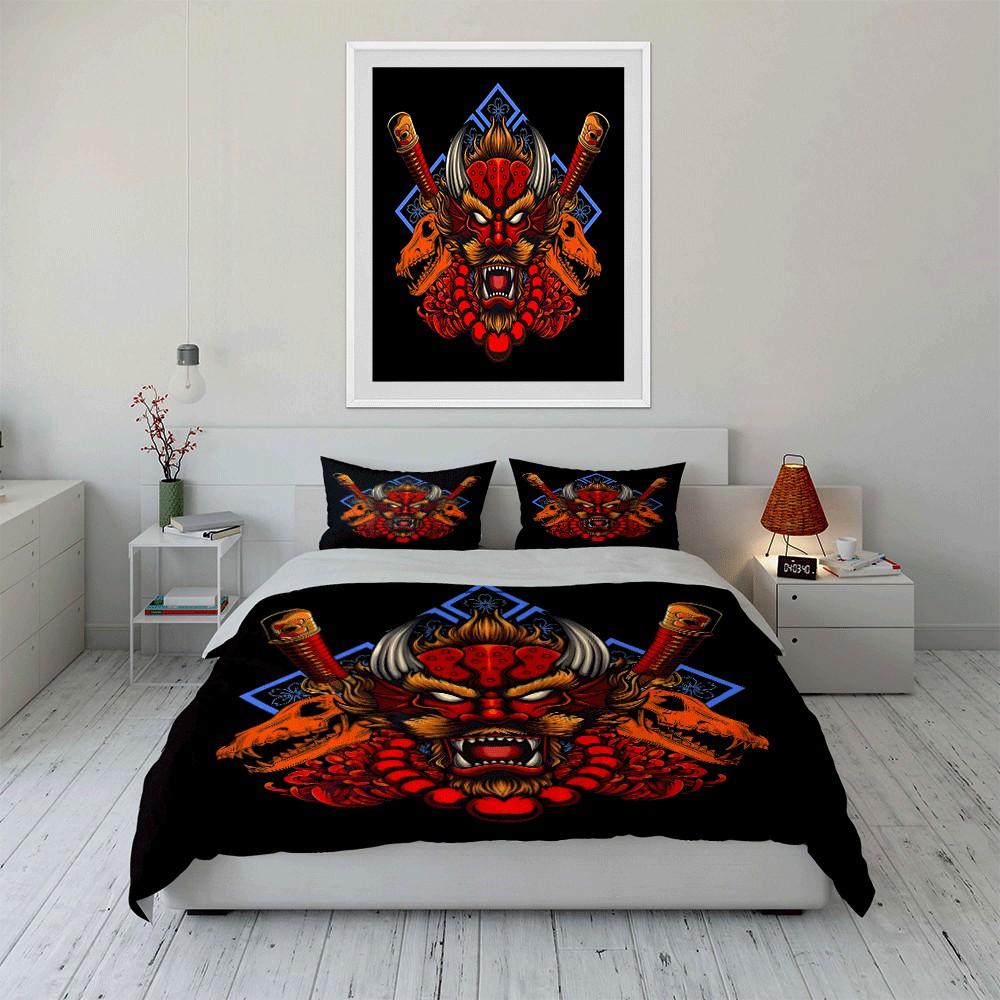 "Samurai Demon Skull Design Trio" Exquisite Three-Piece Bedding Set Gift For Kids And Adults