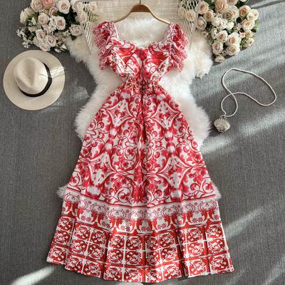 Καλοκαιρινά Γυναικεία Μακρυμάνικα Μακρυά Μαξί Φορέματα Διακοπών Παραλίας με V Λαιμόκοψη και Print