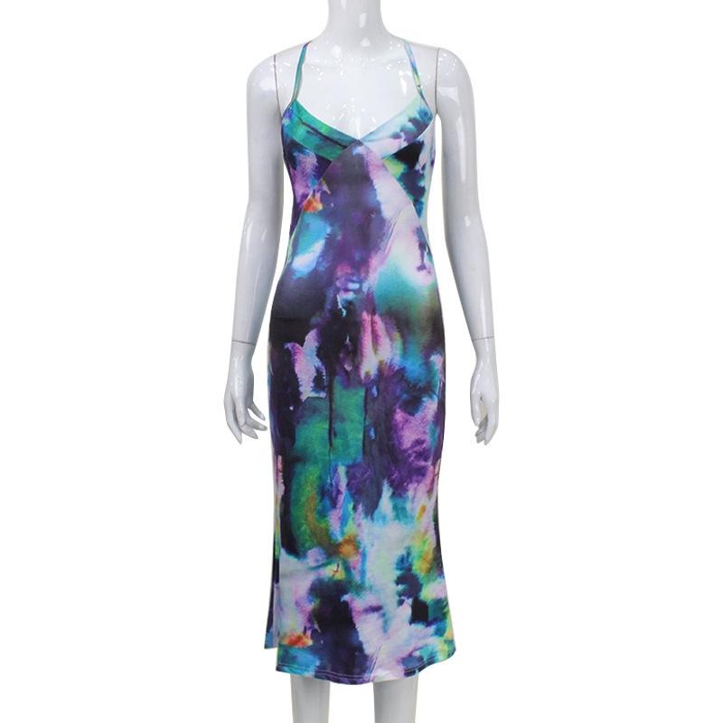 

Женское платье-халтер с принтом, открытой спиной, шнуровкой, глубоким вырезом, V-образным вырезом, запахом на бедрах, сексуальным пряным платьем-халтером, лето M фиолетовый