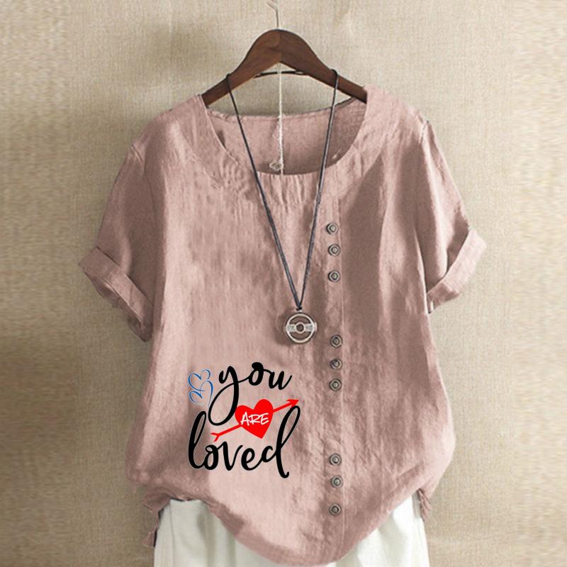 Women's Fashion Love Letter Prined Short Sleeve T-shirt Loose Cotton Shirt Casual Loose Summer Blouse Plus Size Tops