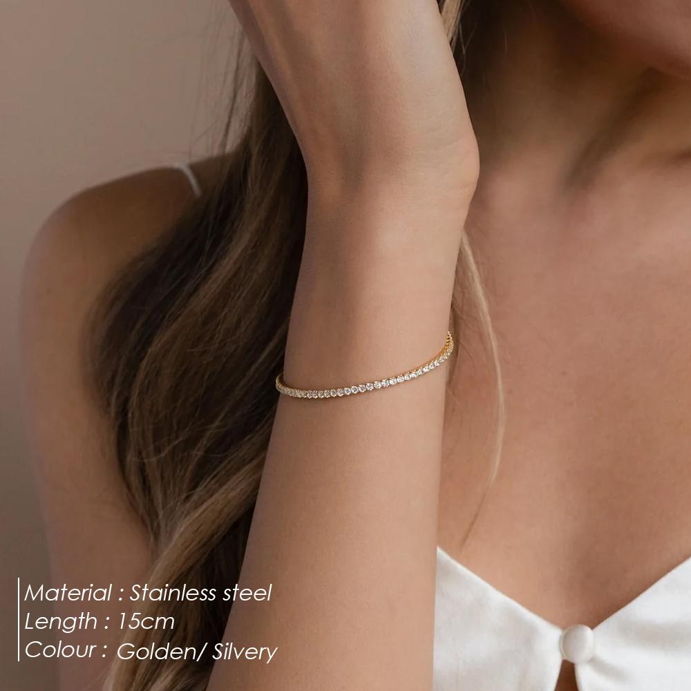 Brățară strălucitoare placată cu aur din argint 925, zirconiu alb de înaltă calitate, un singur rând, accesoriu simplu pentru fete