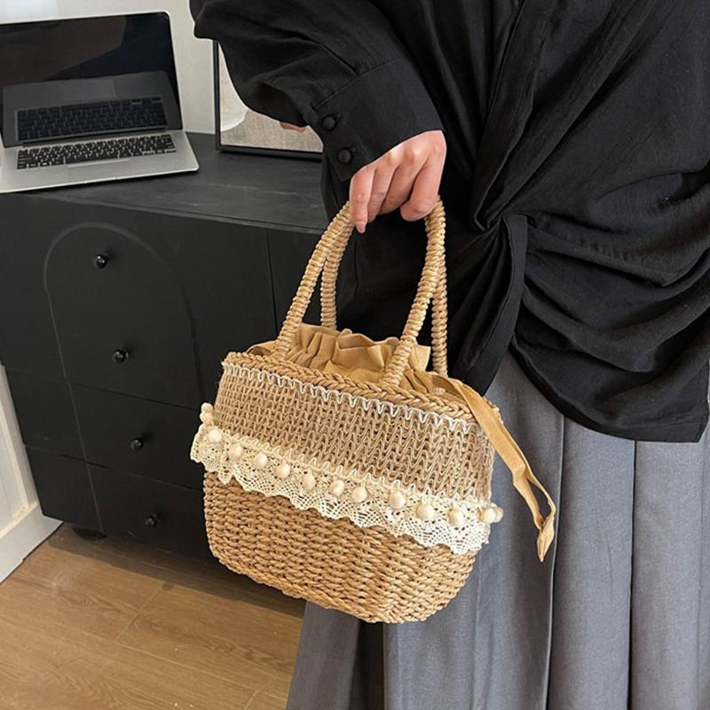 Yogodlns Women Straw Woven Bag Straw Tote Bag Large Capacity Weaving Shoulder Purse with Lace Woven Shopping HandBag Summer Beach Clutch