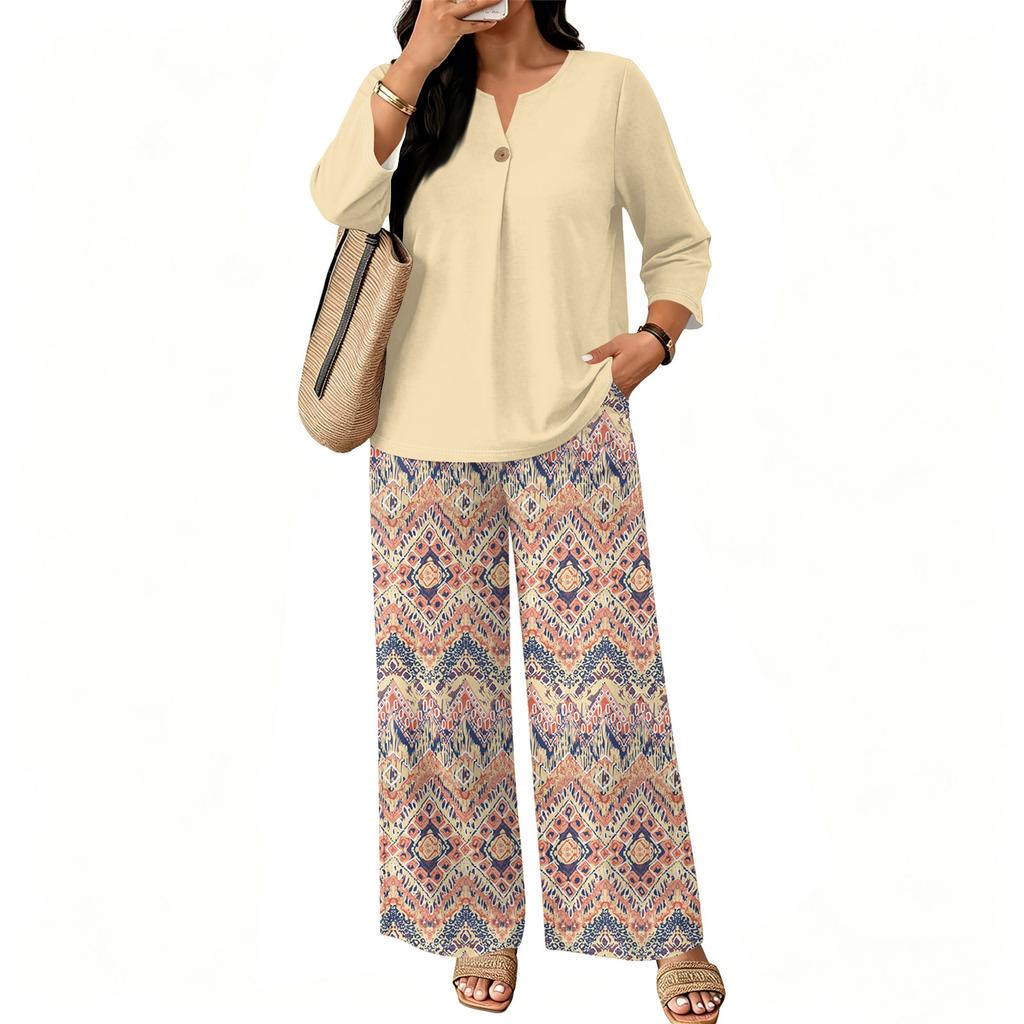 Women's Casual Printed 3/4 Sleeve Button Front Top and Wide Leg Pants 2 Piece Set