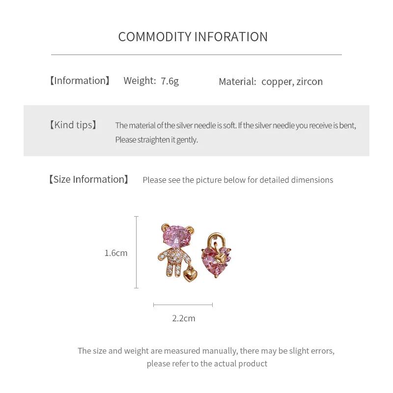 Zinc Alloy Zinc Alloy Needle Zircon Bear Love Earrings for Women High-end Asymmetric Stud Earring Fashionable Versatile Sweet Zircon