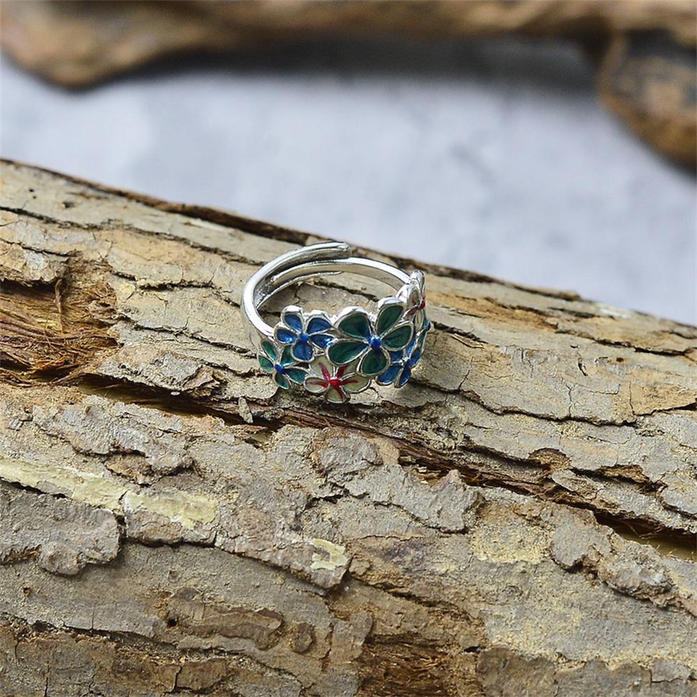 Creative Retro Exquisite Enamel Colorful Flower Opening Adjustable Ring Niche Ethnic Style Classical Gift