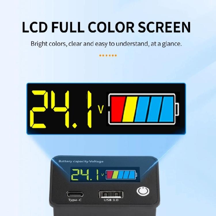 LCD Display Battery Power Monitor with  QC3.0 USB Type C Port for Electric Vehicle Solar Car Lithium Lead Acid Batteries