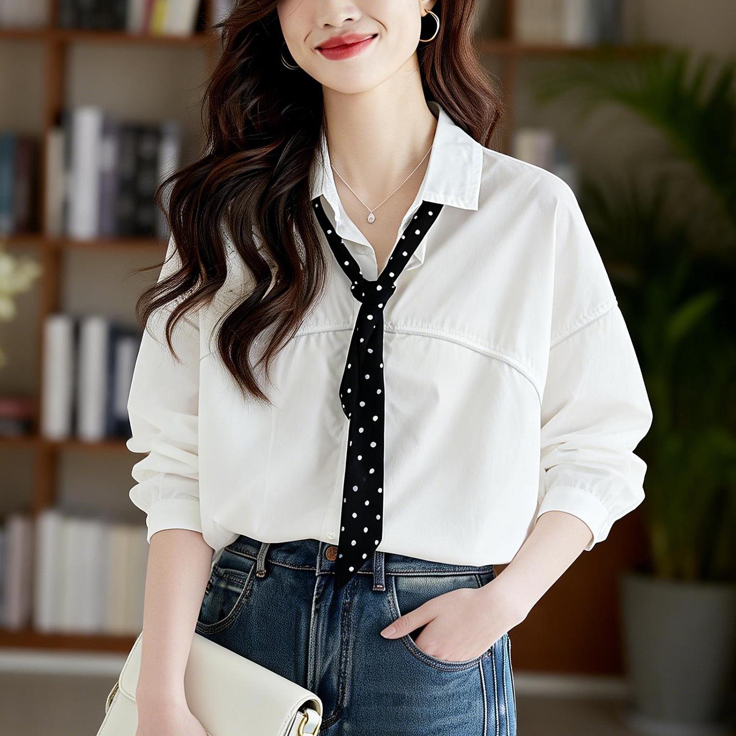 Women s Casual Long-Sleeve White Cotton Shirt with Scarf - 2026 Spring Collection One Size белый