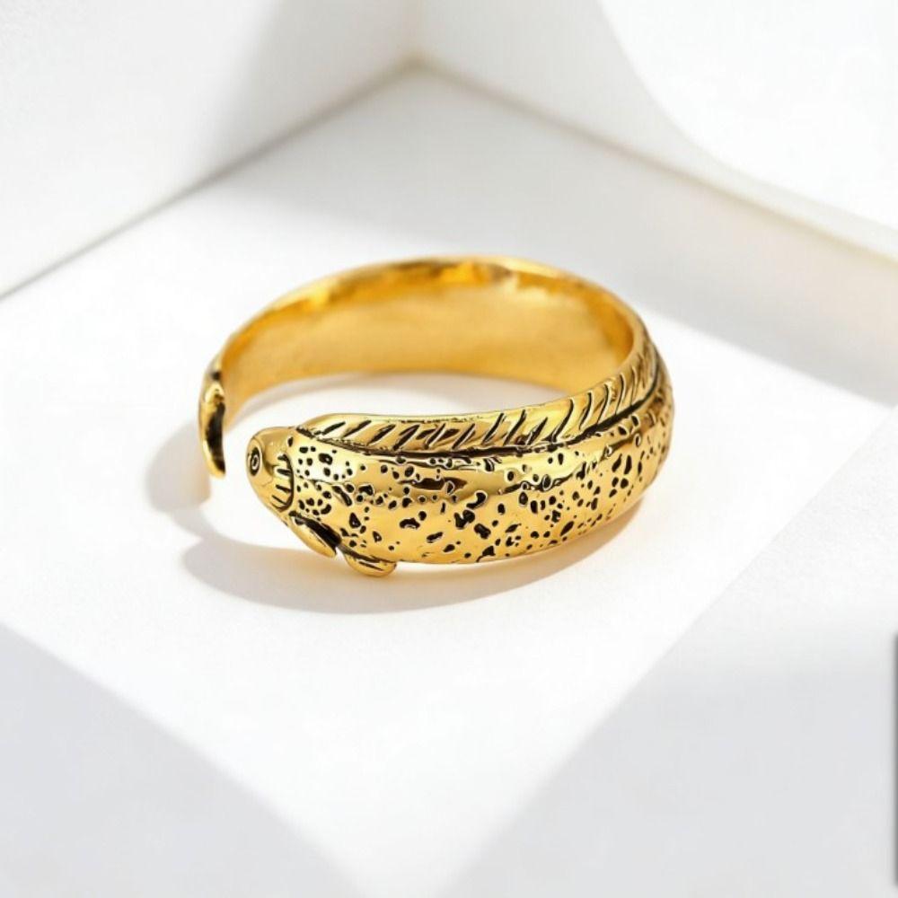 Simple Vintage Adjustable Ring Zinc Zinc Alloy Retro Open Ring Niche Fish Shaped Ring  Unisex