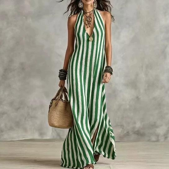 Cross-border women s striped neck sleeveless dress 2026 summer loose deep V-neck vacation beach dress S