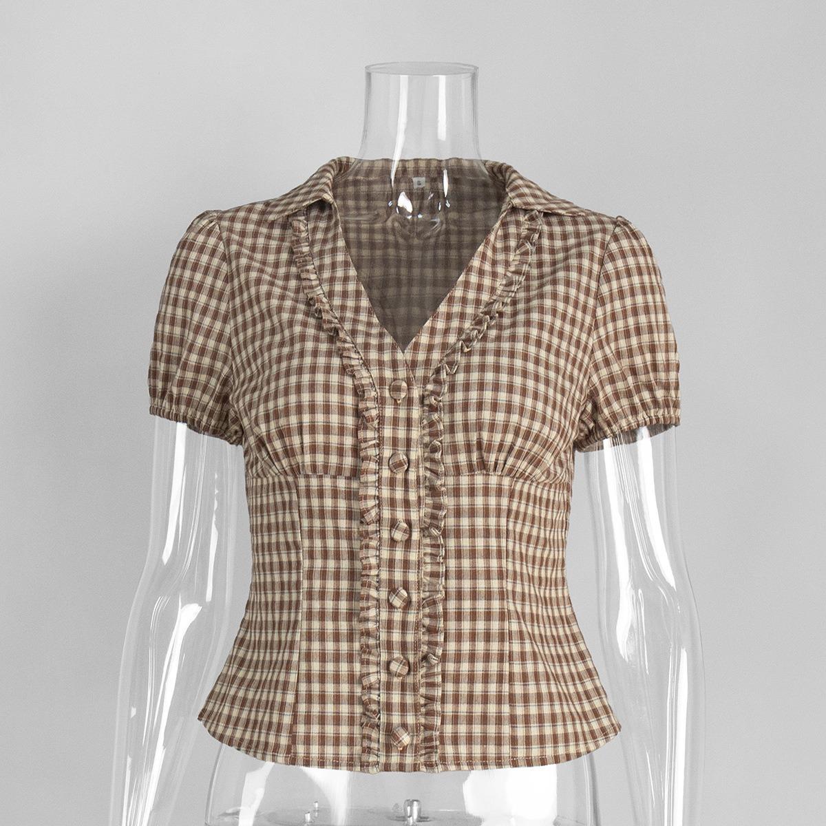 

Summer Vintage Coffee Plaid Shirt, Retro Ruched Spicy Girl Style Ruffled Lace-up Small Lapel Blouse, European American Fashion Casual Top S