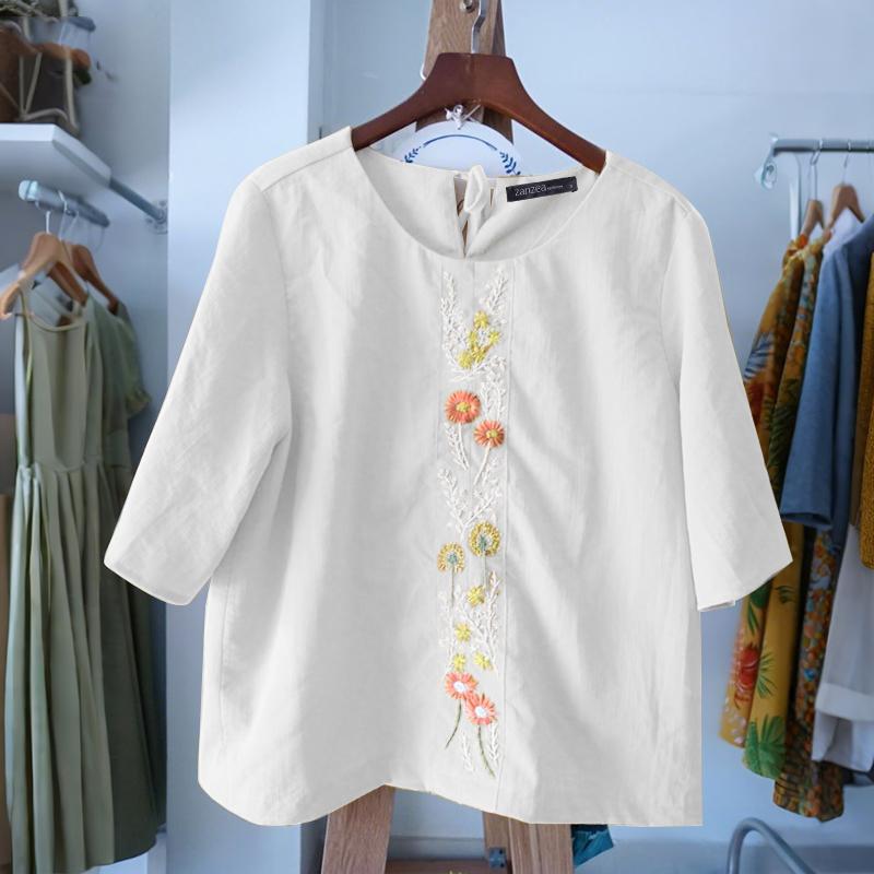 ZANZEA Women Casual Round Neck Floral Embroidery Loose Half Sleeve Blouse