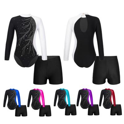 Kızlar Uzun Kollu Jimnastik Leotard Unitard Şort ile 2 Parça Kıyafetler Bale Dans Bodysuit Biketard Giyim