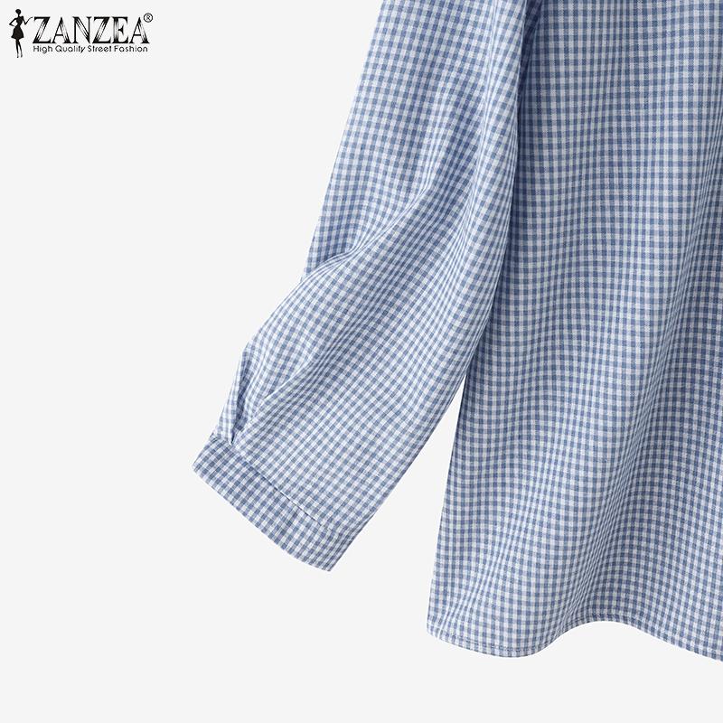 ZANZEA Damska klasyczna bluzka z luźnym krojem, długim rękawem i nadrukiem w kratę