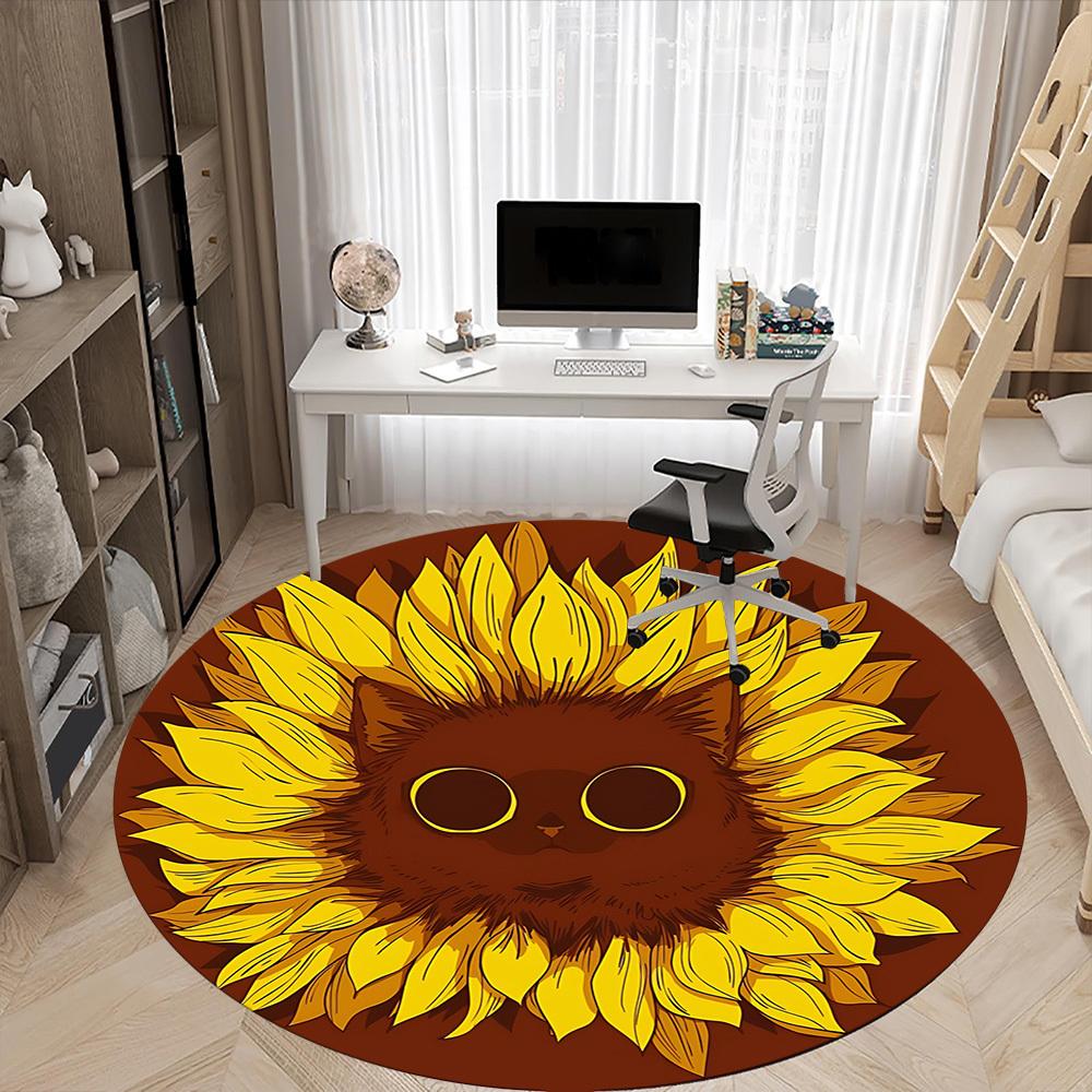 1pc Sunflower Cat Office Round Area Rug,  Mat Suitable For Office, Under Office Chairs Bedroom Living Room Home Decor, Room Deco