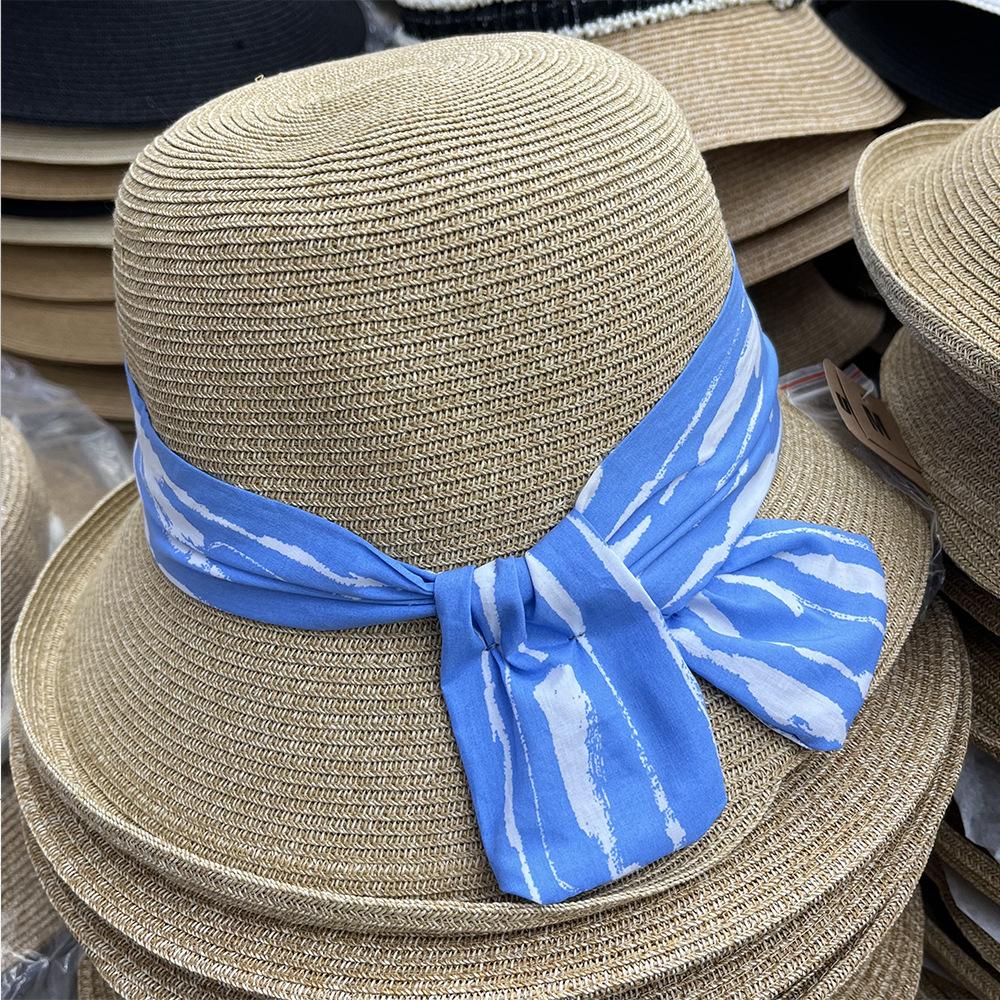 

Качественная соломенная шляпа-купол с закрученными полями, летняя, в полоску, с бантом, для пляжного отдыха, солнцезащитная, складная, от солнца, трендовая Adult (56-58cm) синий