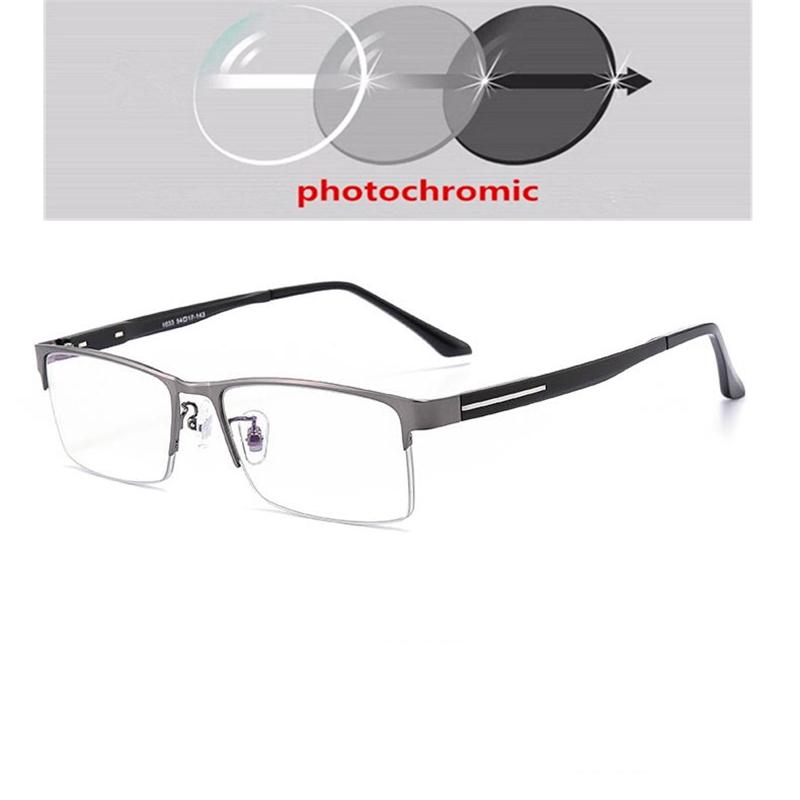 Half Frame Sun Photochromic Gray Customize Prescription Eyeglasses +Metal Square Short-Sight Eyewear 0 -0.5 -0.75 To -6.0