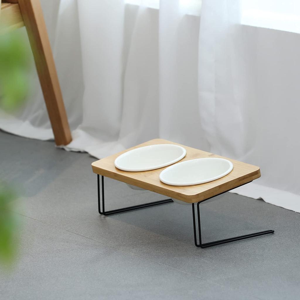 FUKUMARU Ceramic Pet Bowl with Stand for Dogs and Cats, 15-degree angle, Bamboo stand for pets, cats, dogs, pets, food bowl, dish, ceramic, food bowl