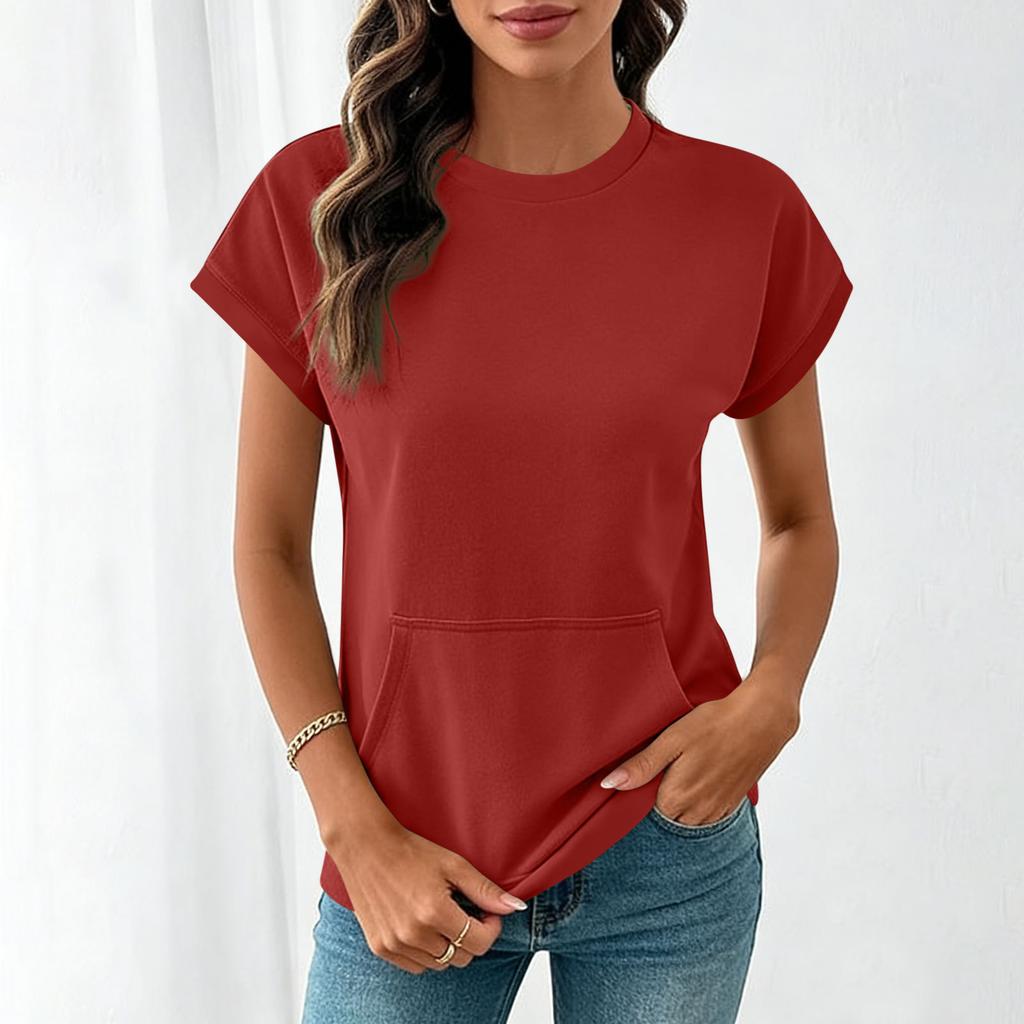 Women's Crew Neck Short Sleeve T Shirt Regular Fit Casual Solid Color Pocket Blouse