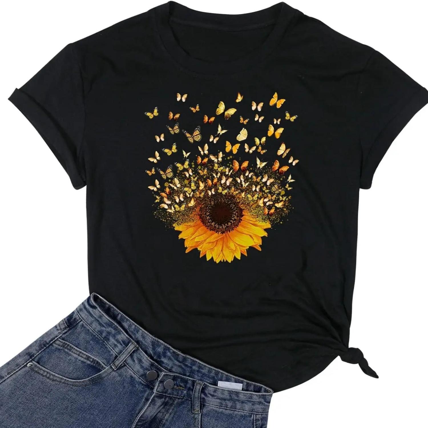Women Sunflower Butterfly Shirts Boho Flower Print Tshirt Graphic Summer Short Sleeve Tees Casual Crewneck Tops S чёрный
