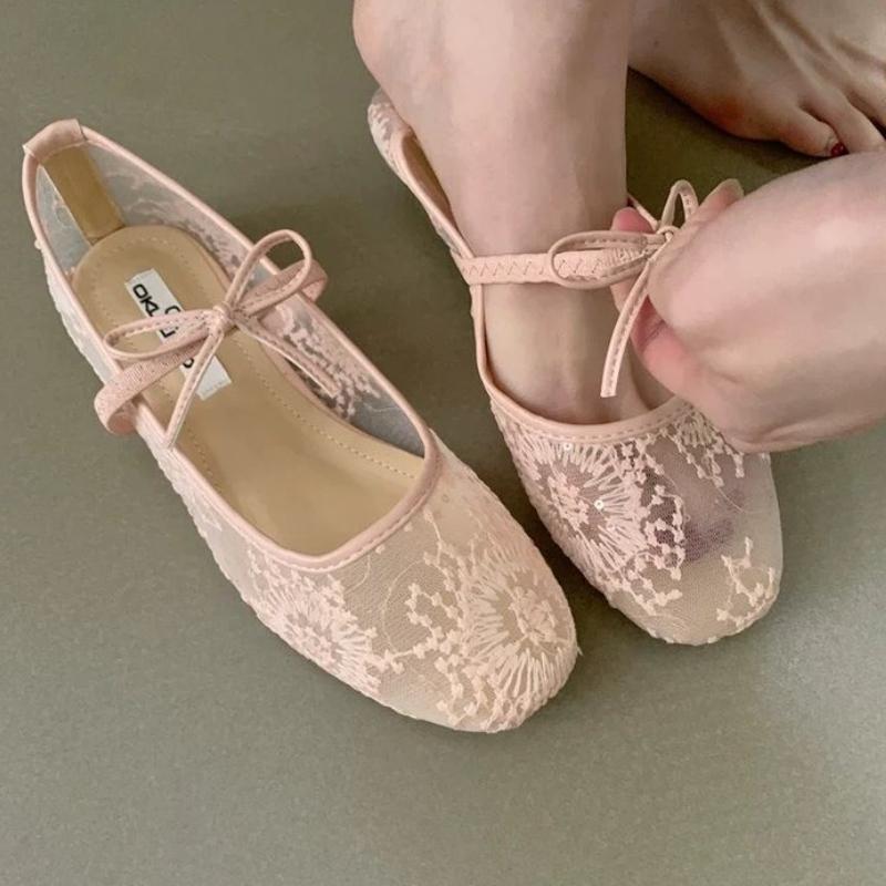 Mode 2025 Damen Frühling Sommer Ballerinas Atmungsaktives Mesh Stickerei Mode Flats Hübsche Schleife Weibliche Tägliche Lauf-Sandalen