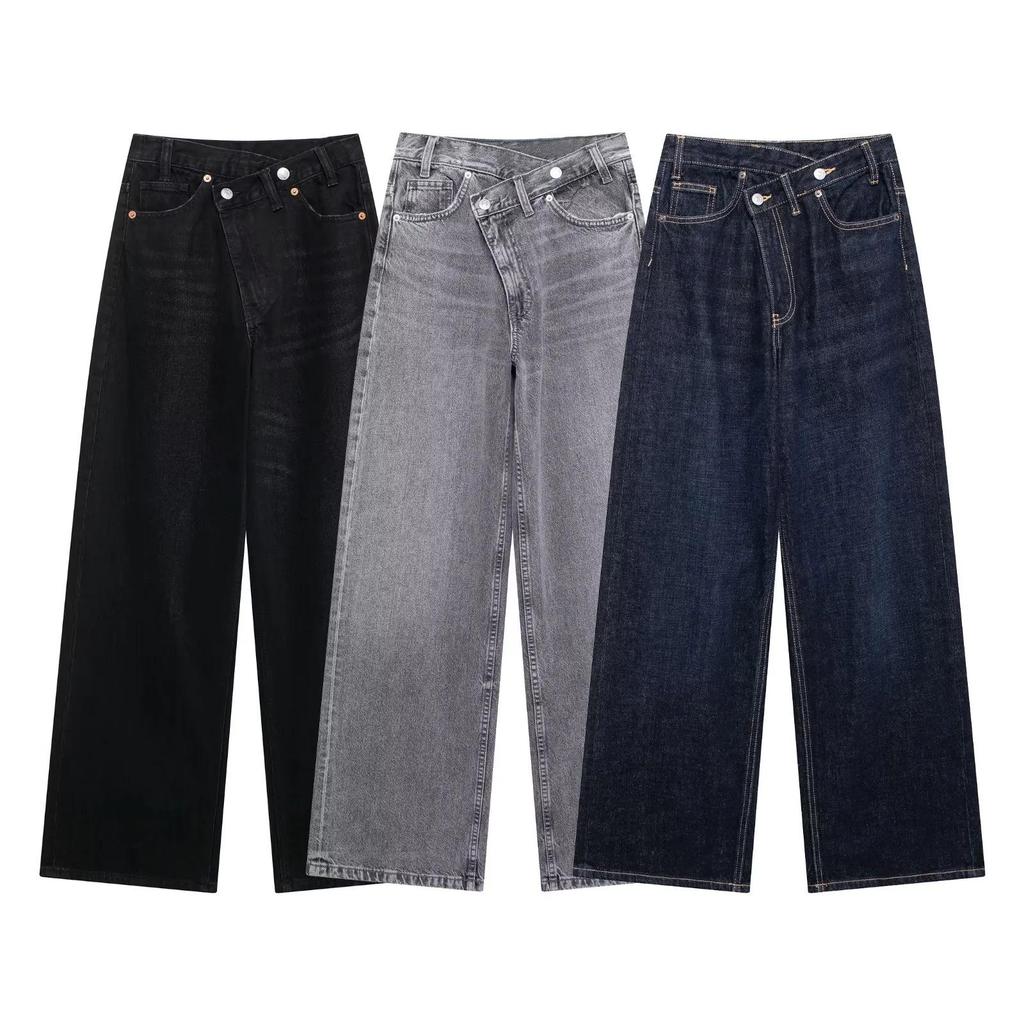 European & American Women's Casual Fashion Double-Breasted Wide-Leg Jeans