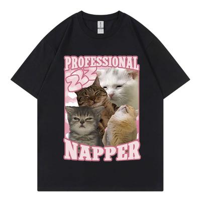 Profesyonel Uykucu Komik Kedi Meme Tişörtü Kawaii Moda Kısa Kollu Tişörtler Yüksek Kaliteli Pamuklu Giyim Tişört Unisex