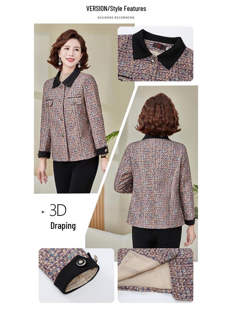 2025 Spring & Autumn Color Block Turn-Down Collar Jacket for Middle-Aged & Elderly Women