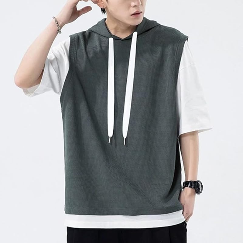 [FLYSKY] Hoodie Men's Short Sleeve Summer Clothes T-shirt Relaxing Hooded Sweatshirt Casual Big Size Sweat Absorbent and Quick Drying