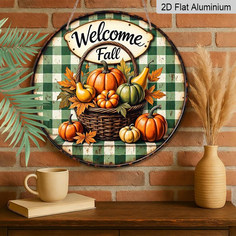 2D Flat, 1pc Aluminum Circular Sign Welcoming The Autumn Harvest, Featuring Rustic Pumpkin And Checkered Decorations with Cursive Lettering, Suitable