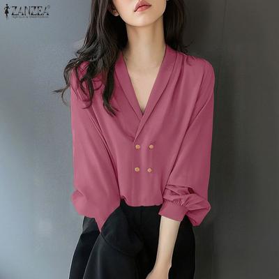 Lässige Bluse mit V-Ausschnitt und einfarbigen, lockeren Langarm