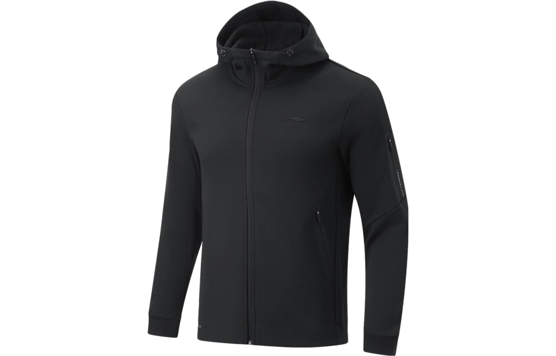Li Ning Fitness Series Solid Color Fleece Lined Thermal 3D Effect Cut Out Cardigan Hooded Sweatshirt Men s Black AWDT743-1 M