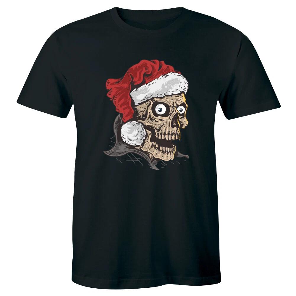 Christmas Skull with Santa Hat T-Shirt for Men Holiday Season Tee Shirt 3XL