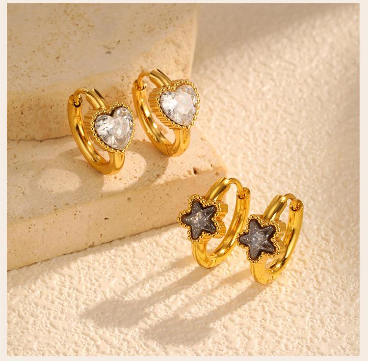 Heart Shape Cubic Zirconia Golden Hoops Earrings Women, Waterproof Stainless Steel Circle Huggies Small Ear Buckle Female Gift