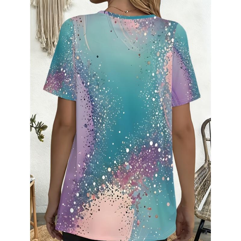 Women'S Summer Gradient Starry Sequined Dreamy Literary Pocket Round Neck Short Sleeve T-Shirt Casual Comfortable Top