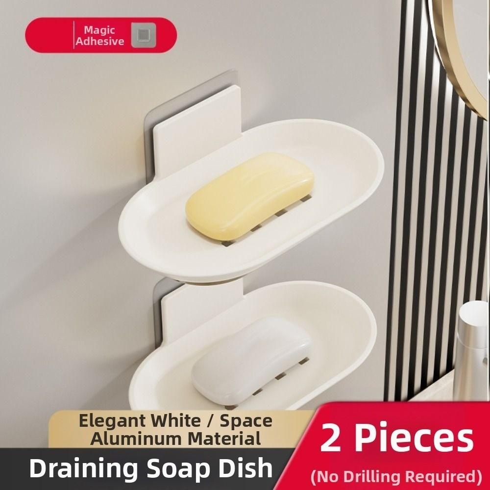 2Pcs Aluminum Wall-mounted Soap Dish Punch-Free Soap Storage Tray Soap Drain Box  Household